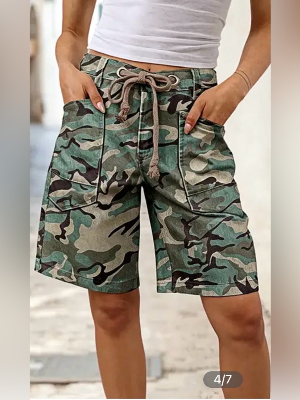 Flamingals Camo Print Drawstring Grommet Eyelet Mid Waist Bermuda Shorts